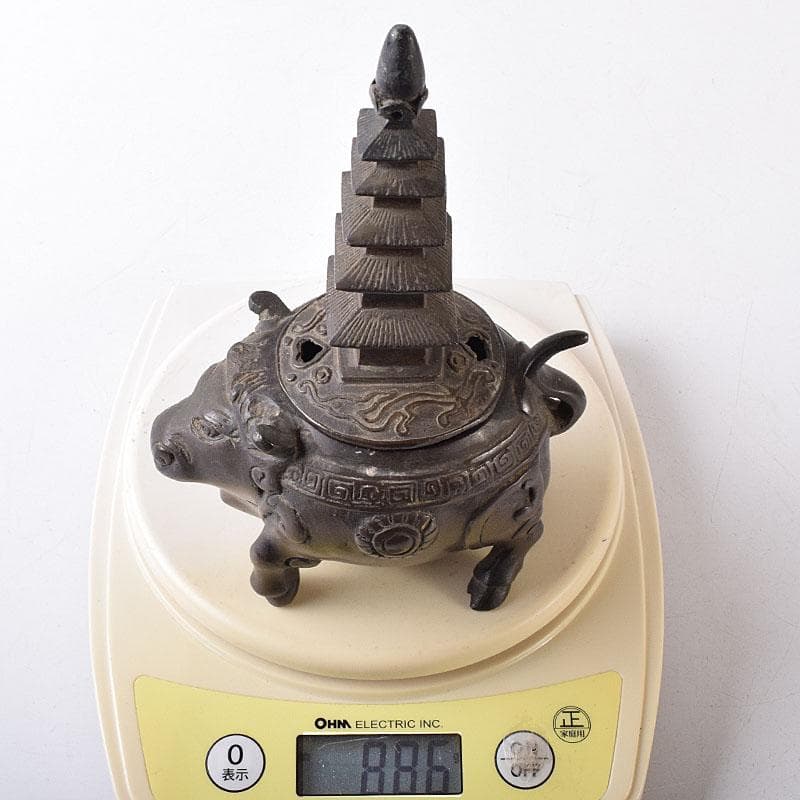中国　古銅　唐銅　神獣五重塔　香炉　M　R8731