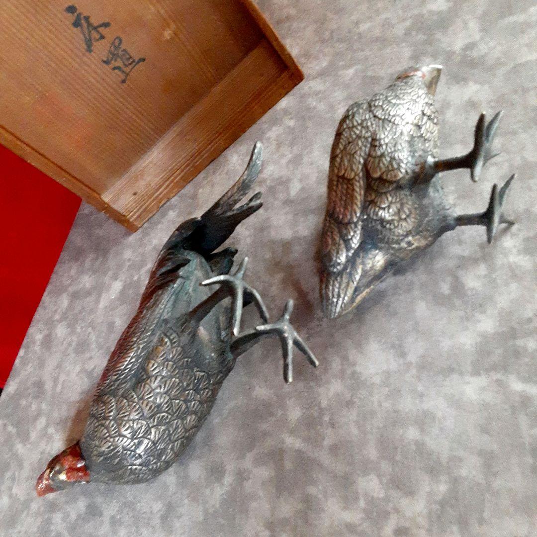鶏　置物　ペア　金属工芸　高田銅器 S