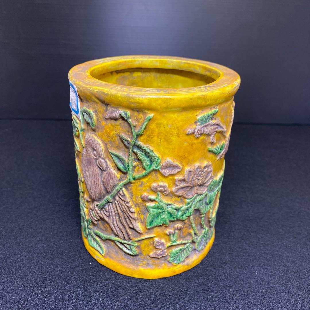 中国美術　雍正年製　花鳥図　筆筒　タルオ　高さ12.5㎝ 東里8-0130②