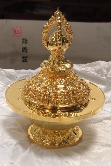 【修縁堂】チベット密教 真鍮 寺院仏具 法器 金メッキ宝珠炉
