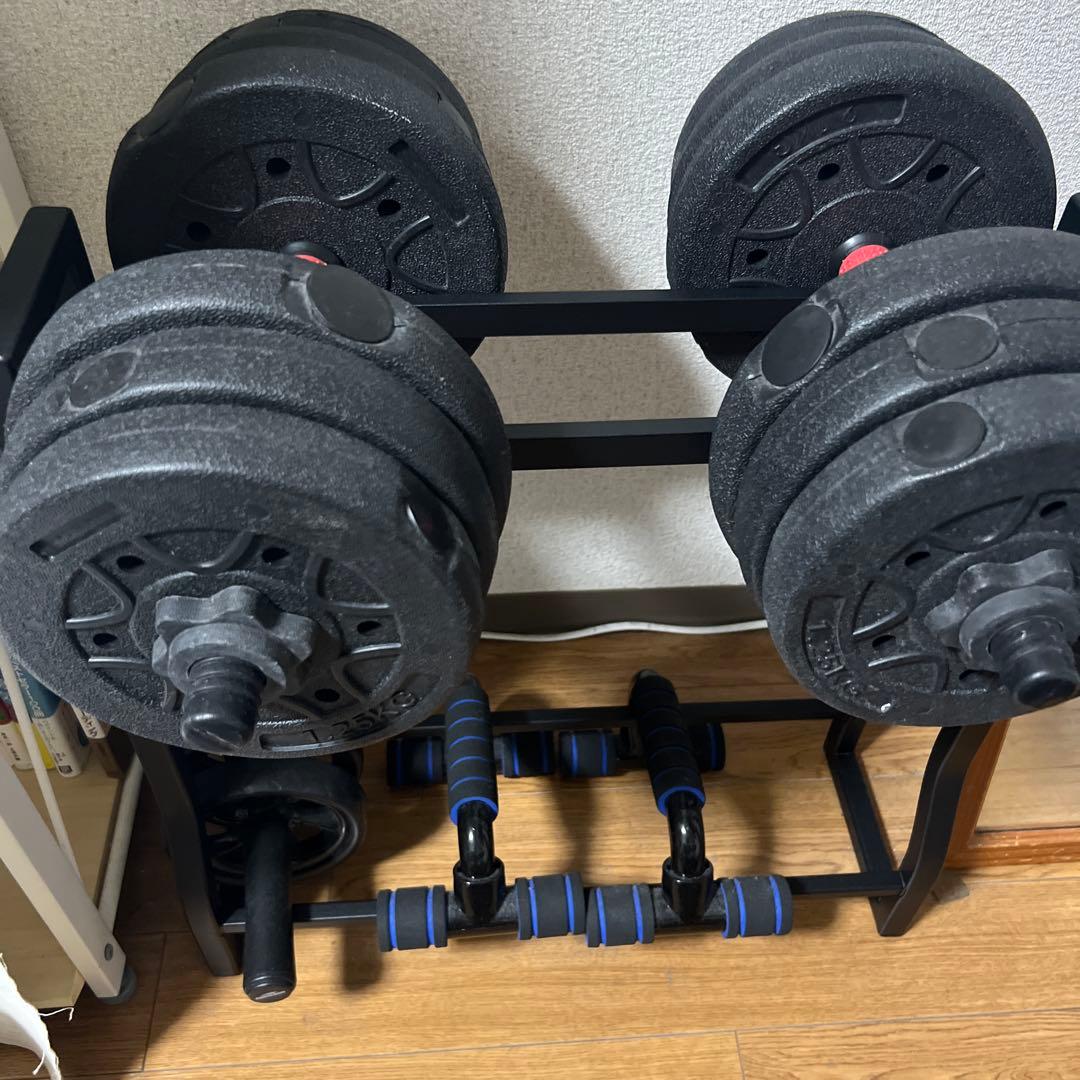 筋トレセット、ダンベル、プッシュアップバー、腹筋ローラー（ダンベルラック付き）