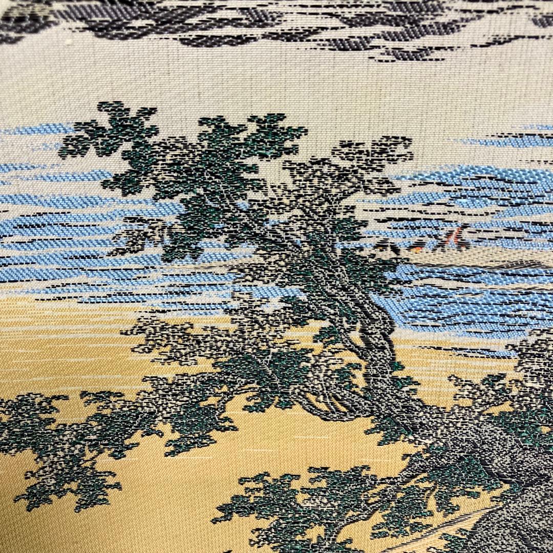 【希少・美術織物】掛け軸 織物風景画「春秋山水」金糸使用 縁起物 茶掛け