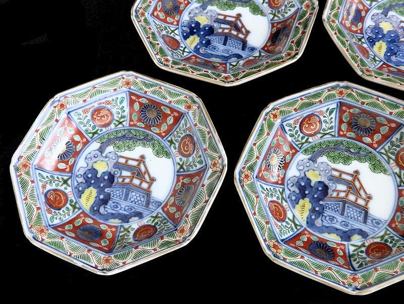 大聖寺伊万里　菊に龍　岩に欄干の図　八角４寸皿　４枚　D702AS-fbho