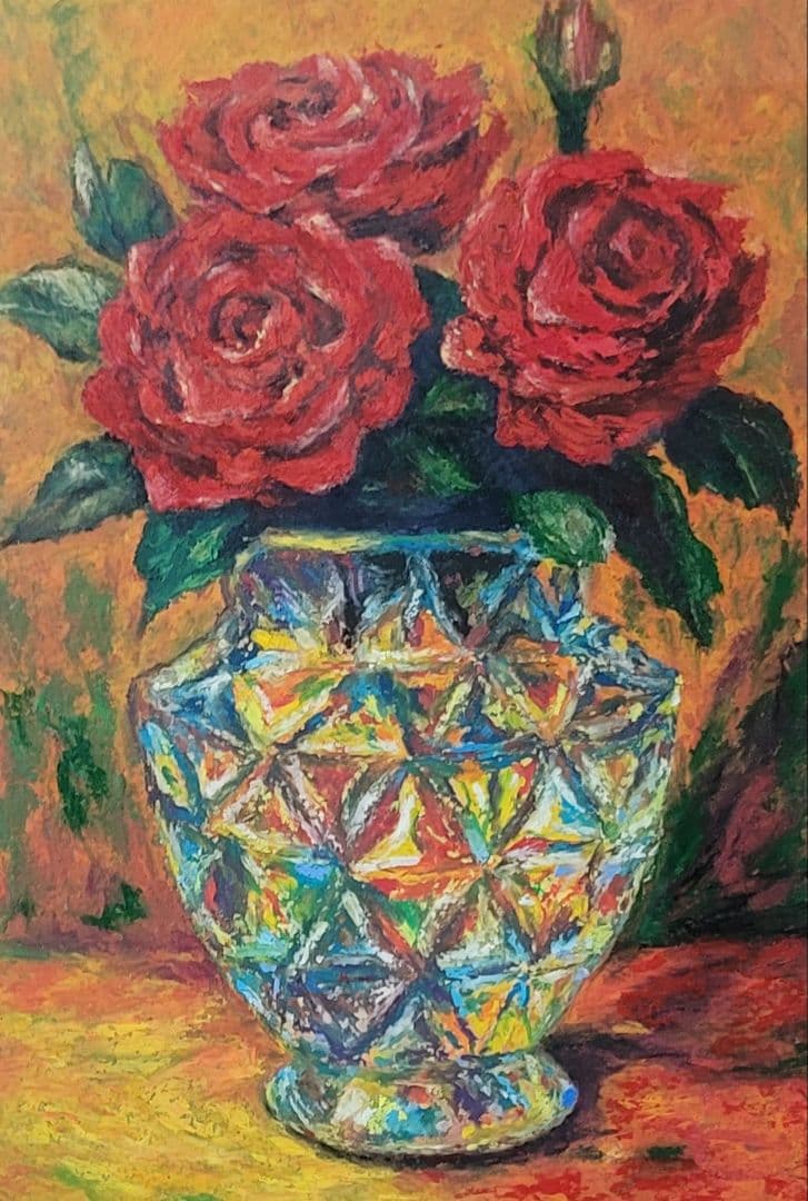 【原画】情熱の赤薔薇と光り輝くクリスタル花瓶｜オイルパステル画（A4・額装込）
