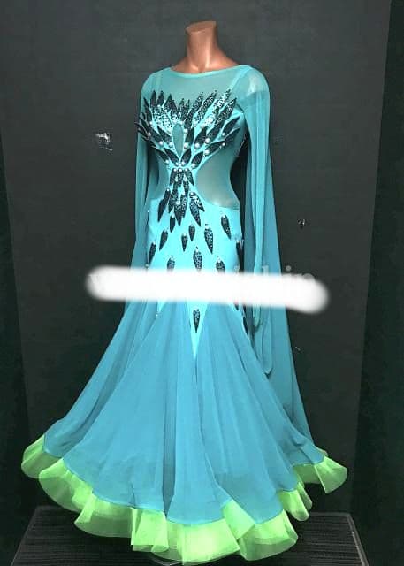 ターコイズ 長袖 社交ダンスドレスTID