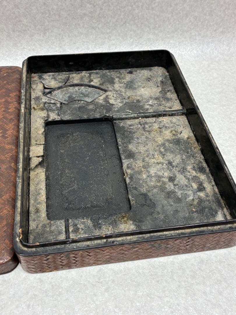 時代物 書道具 硯箱 作家物 扇面 彫金 象嵌 花文網代編 小物入 明治大正時代