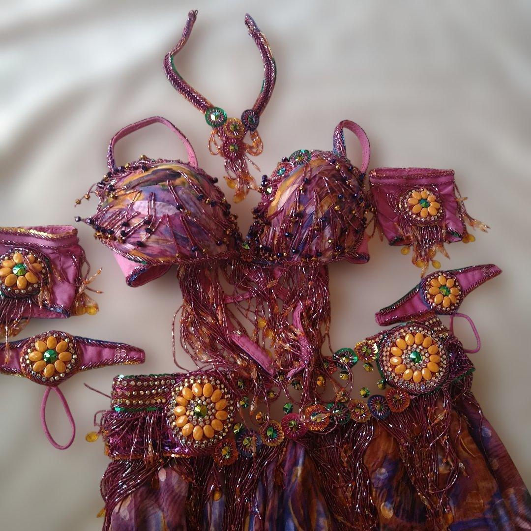 トルコ製高級ベリーダンス衣装　フルセット 紫オレンジ系　SAN EL MODA