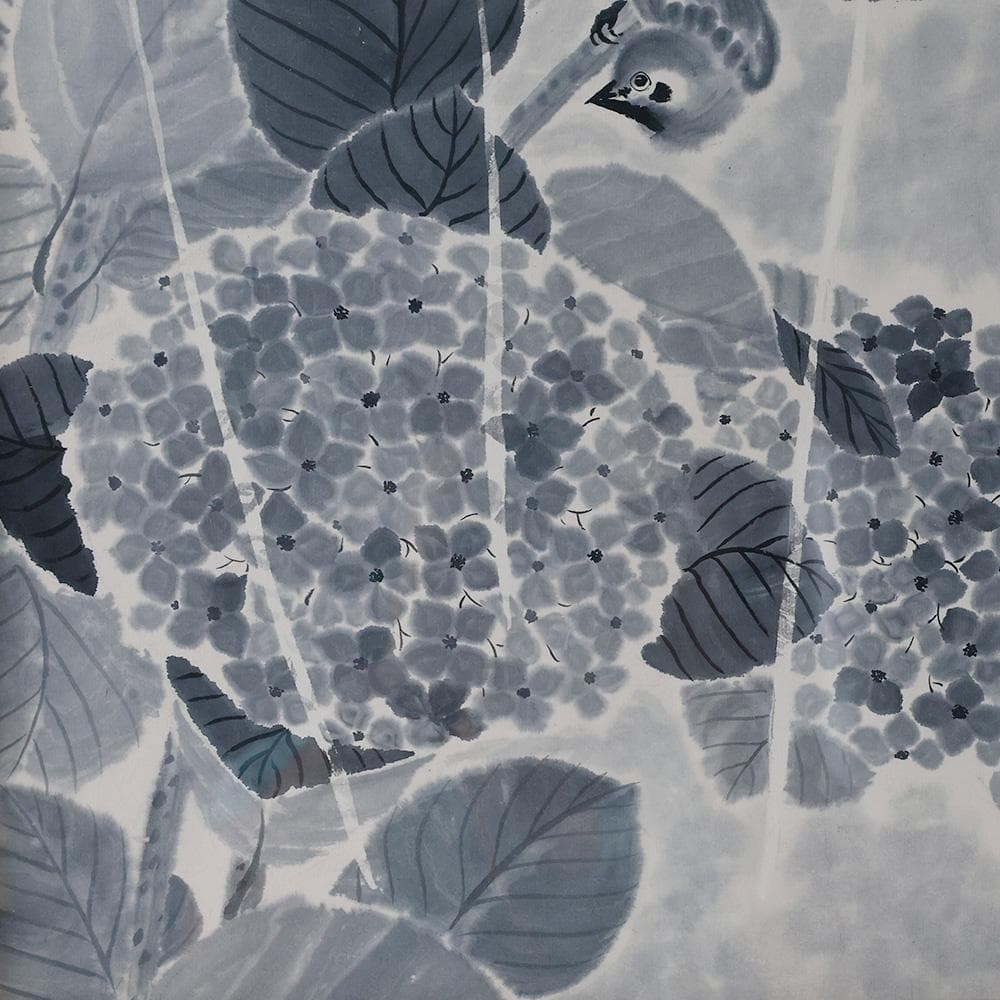 水墨画 在銘 花鳥図 紫陽花と雀 額装 あじさい 縦72㎝ 横85㎝ F35号