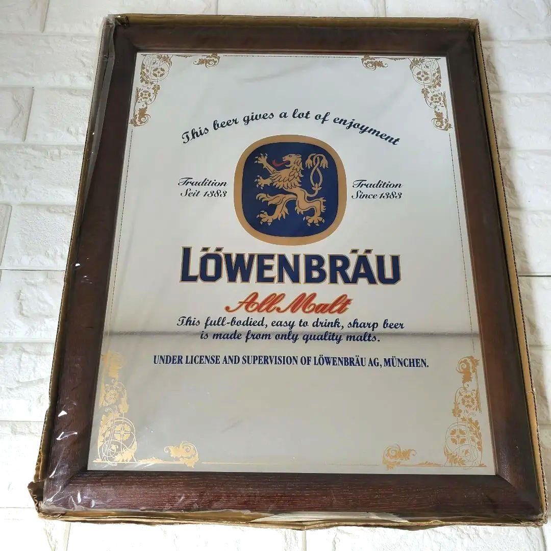 新品未使用 LOWENBRAU レーベンブロイ パブミラー 木製フレーム 壁掛け
