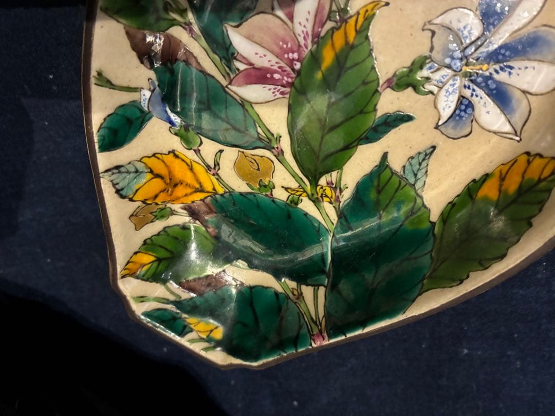 九谷焼　青手　絵がわり　菱皿　5枚　手描き　金彩　古手 傷無し　古九谷写