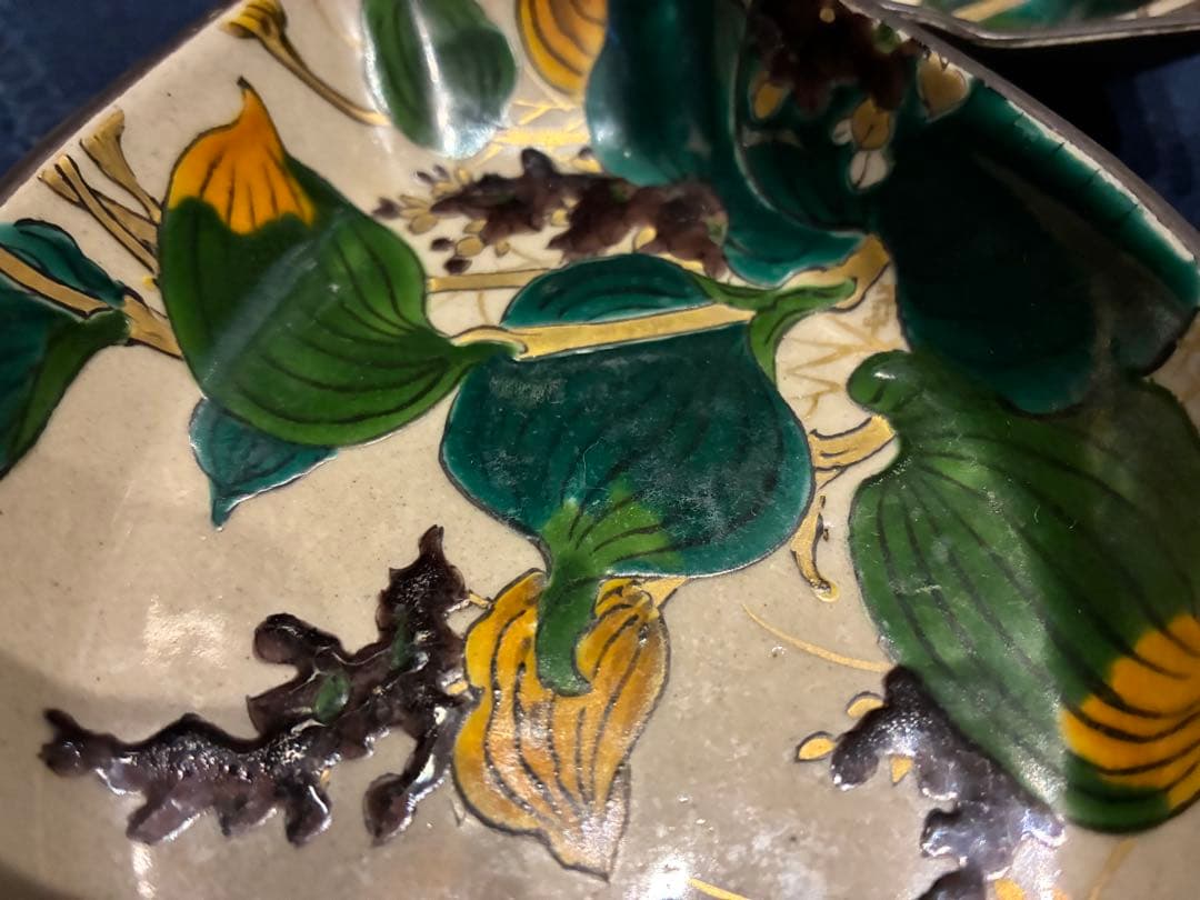 九谷焼　青手　絵がわり　菱皿　5枚　手描き　金彩　古手 傷無し　古九谷写