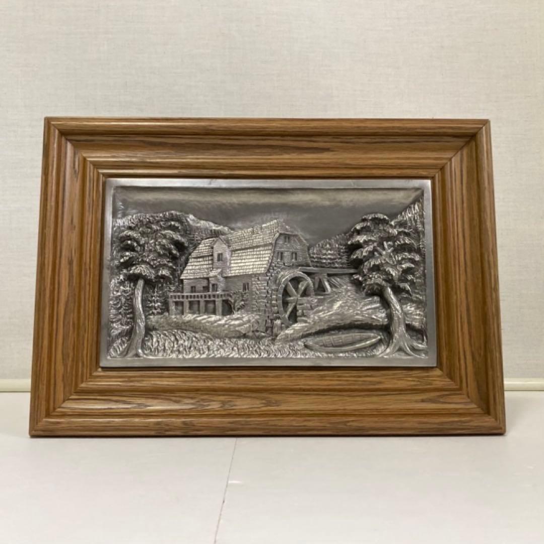 ドイツ 錫 金属 工芸品 彫刻 手作り 額装 レリーフ レトロ ヴィンテージ