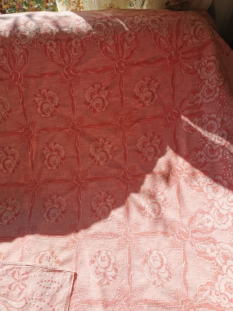 アンティーク フランス ダマスクローズ リボン 大判リネンクロス ダブルフェイス