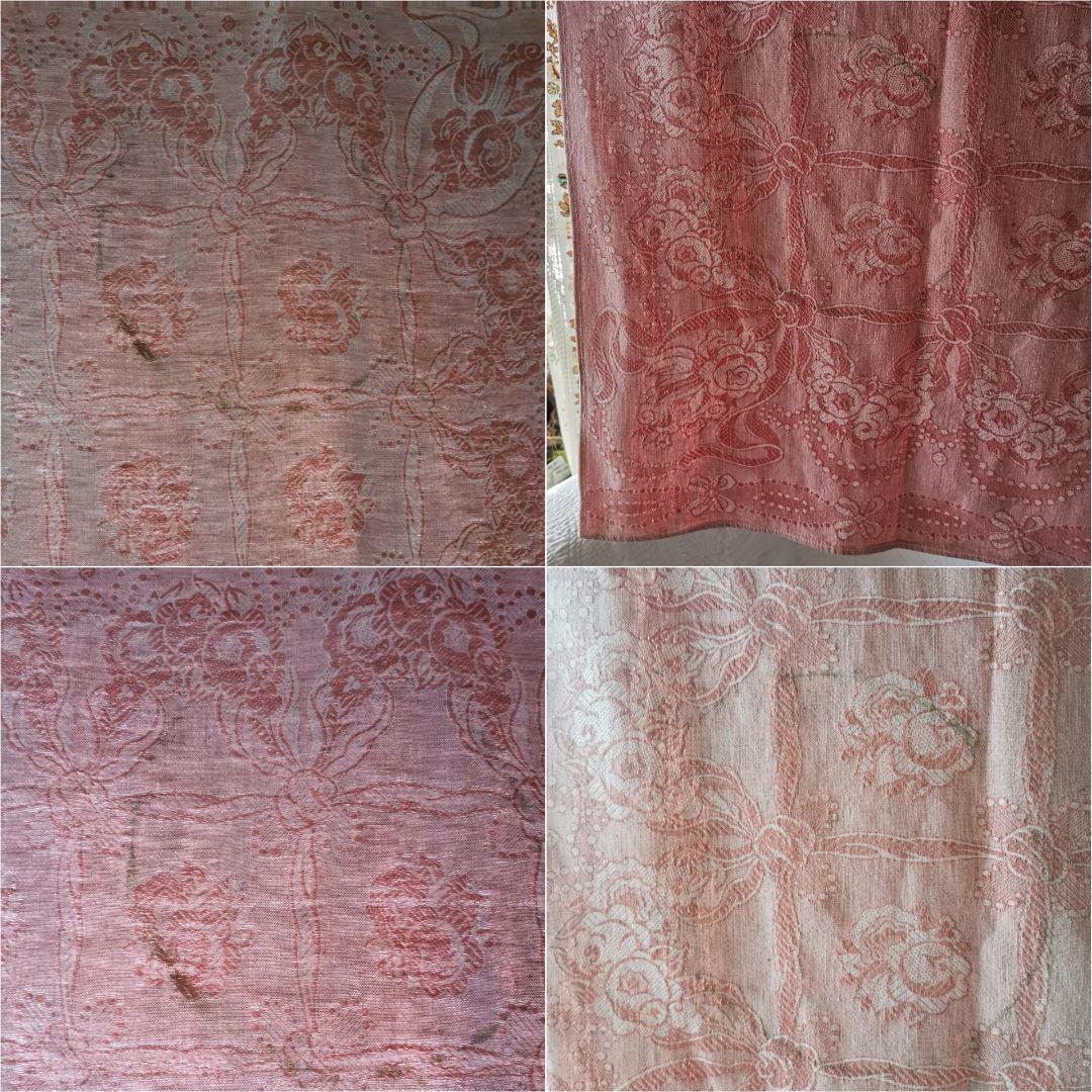 アンティーク フランス ダマスクローズ リボン 大判リネンクロス ダブルフェイス