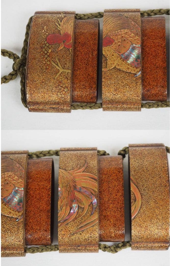 送料無料　江戸時代　極上品（在銘）本金梨子地螺鈿蒔絵 鶏図印籠 人物根付 木箱付