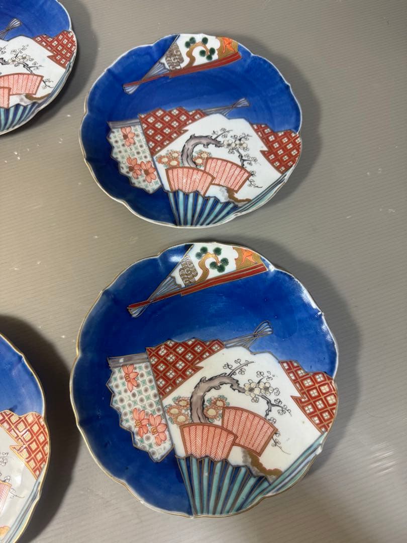 2644 中国骨董　大明萬暦年製銘　扇文　裏に龍文　皿　5客　時代物