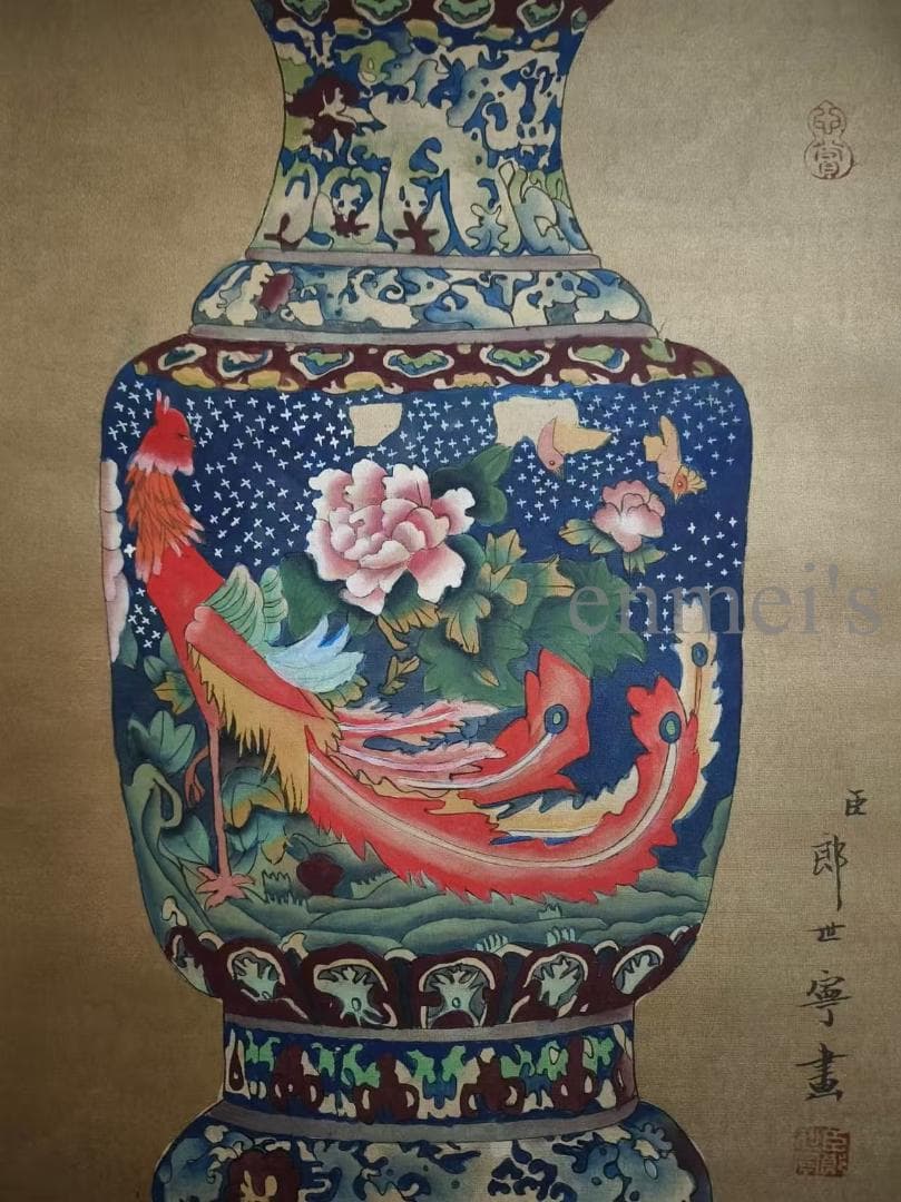 中国古美術 近代 絹本手描き 郎世寧 博古瓶図 三尺 掛軸 水彩画 肉筆 古玩