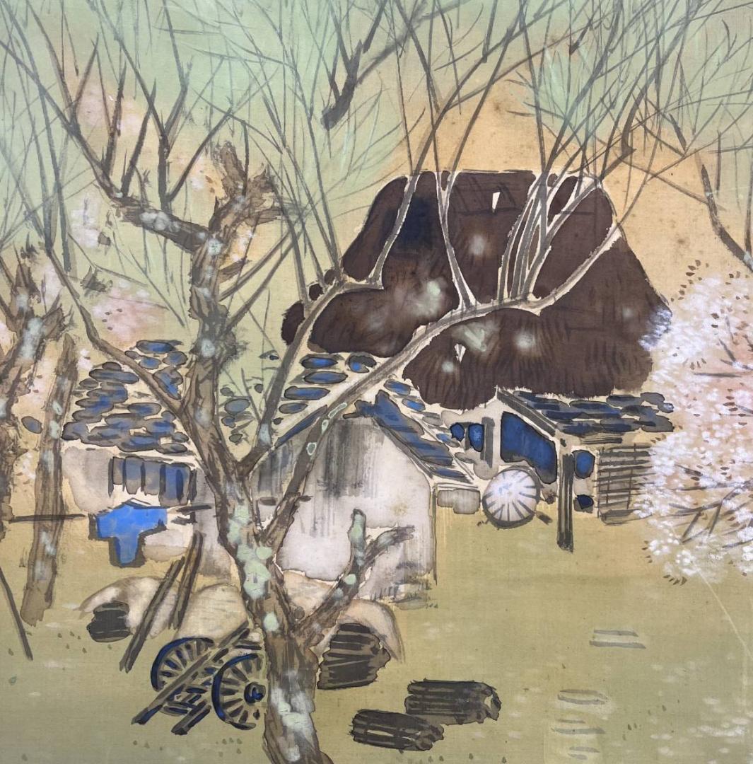 真作/春堂/田家之春図/人物/絹表装/布袋屋掛軸A-332