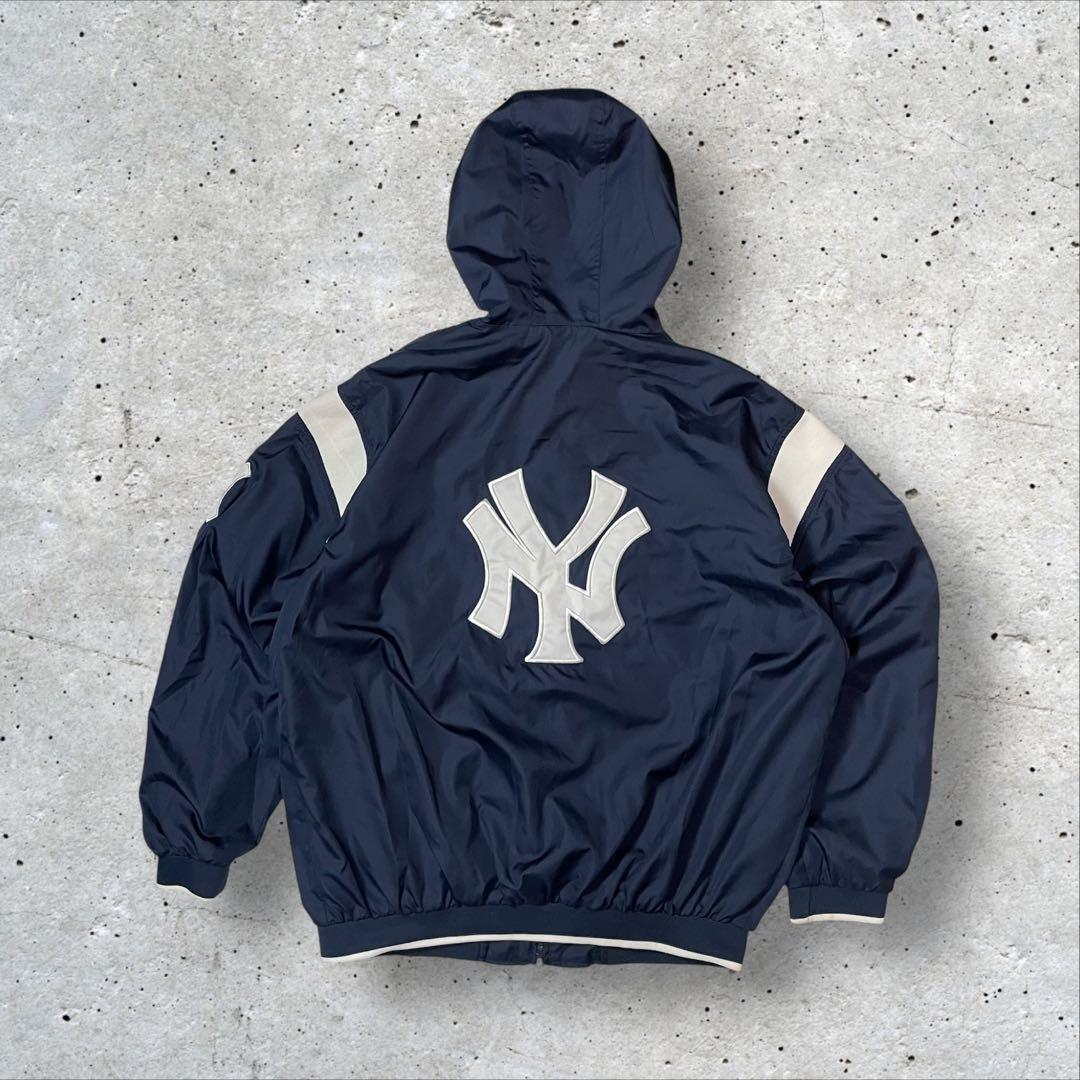 MLB公式ニューヨークヤンキースフード付きナイロンジャケットY2K XLネイビー