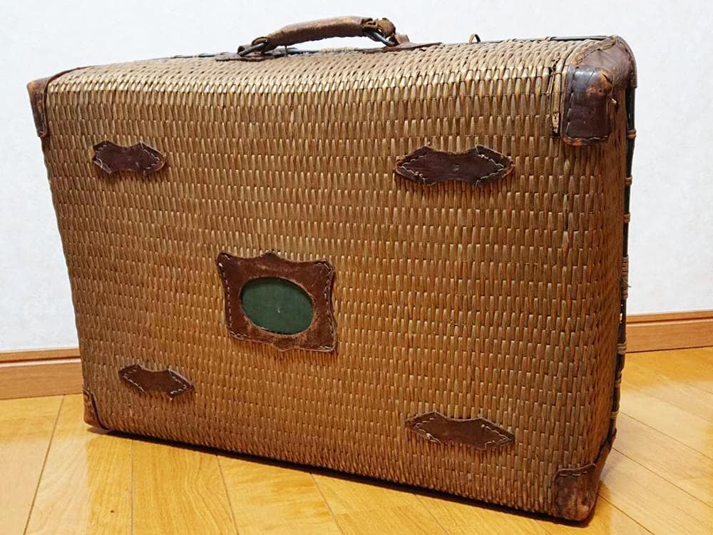 【木】　★ 竹木 柳編み収納鞄 ★　時代物　柳枝 本革 店舗什器　民俗雑項