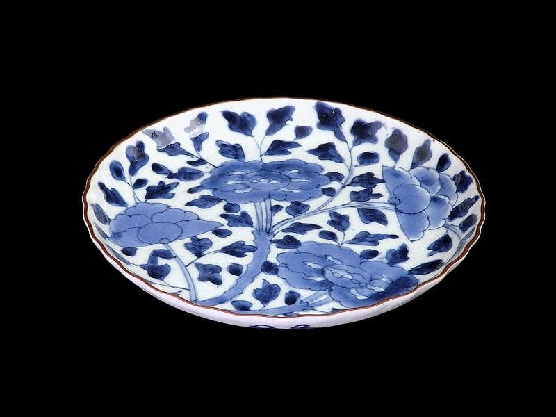 古伊万里　染付　牡丹に牡丹唐草の図　６寸皿　江戸期　F173AS-fbqu