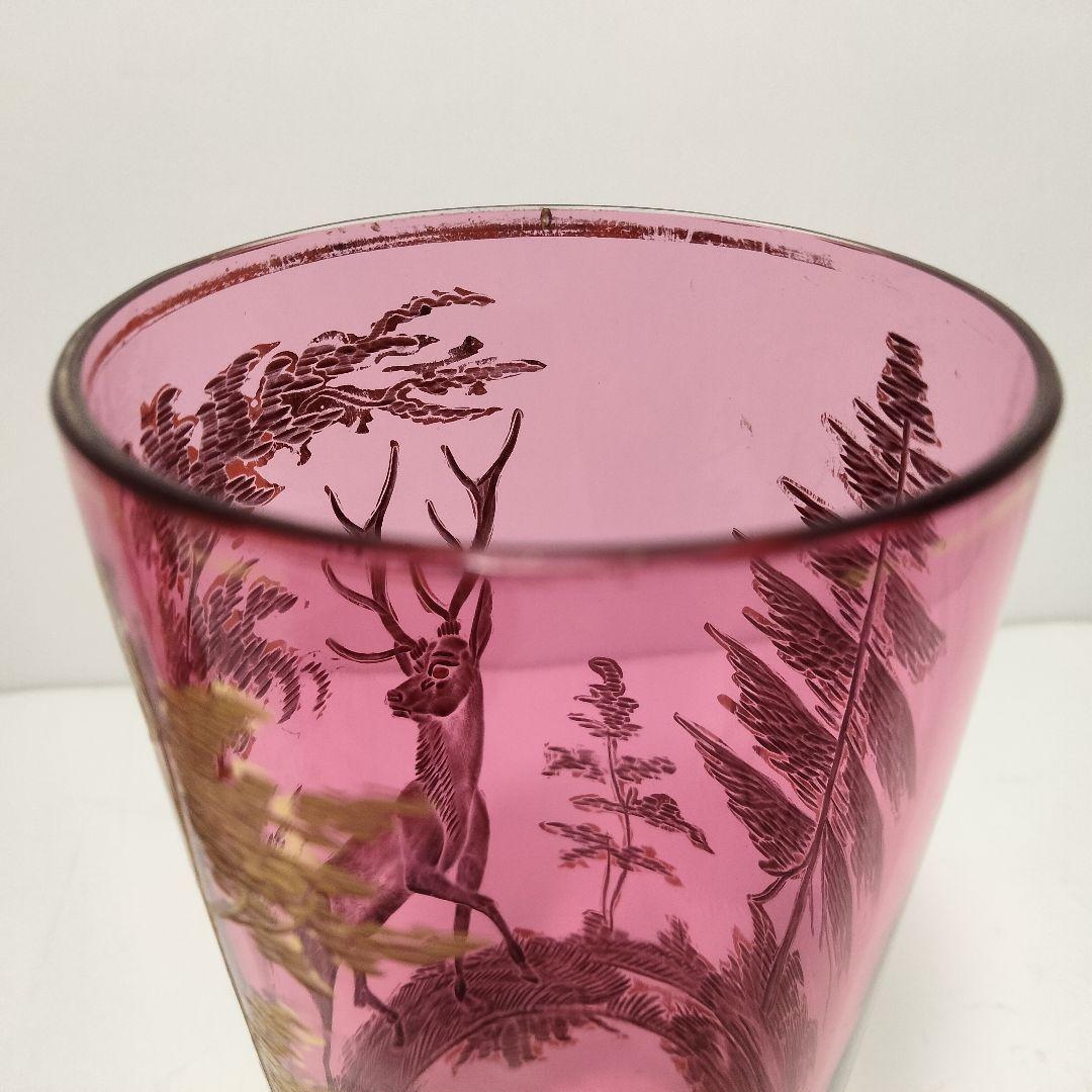 W253 ボヘミアガラス グラビール技法 赤被せ 金彩 鹿 森の図 2客セット