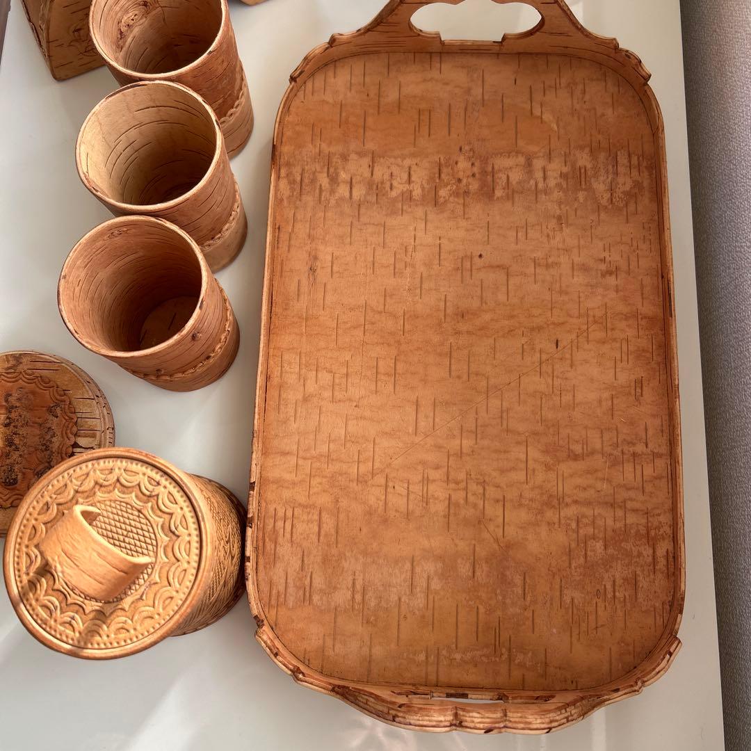 白樺の樹皮で作られたロシアの伝統的な茶器セット 6点セット