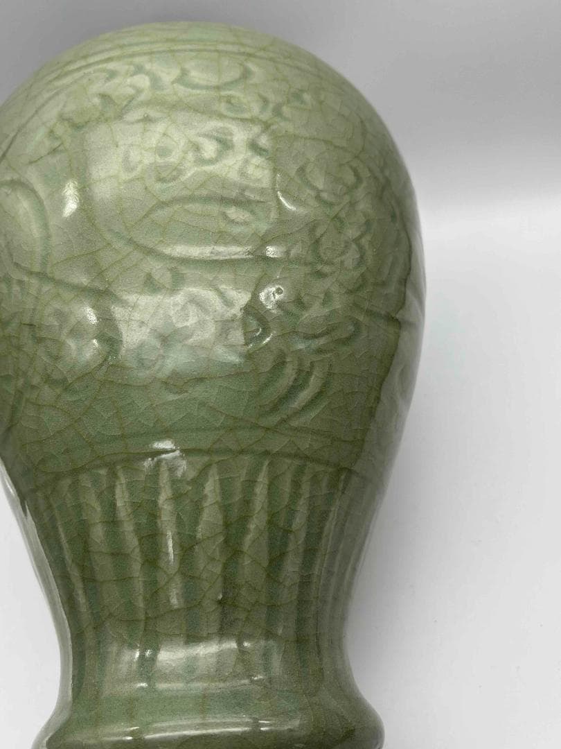 南宋時代　龍泉窯　梅子青 青磁 刻花文大梅瓶 花入　花瓶　茶道具(B-29)