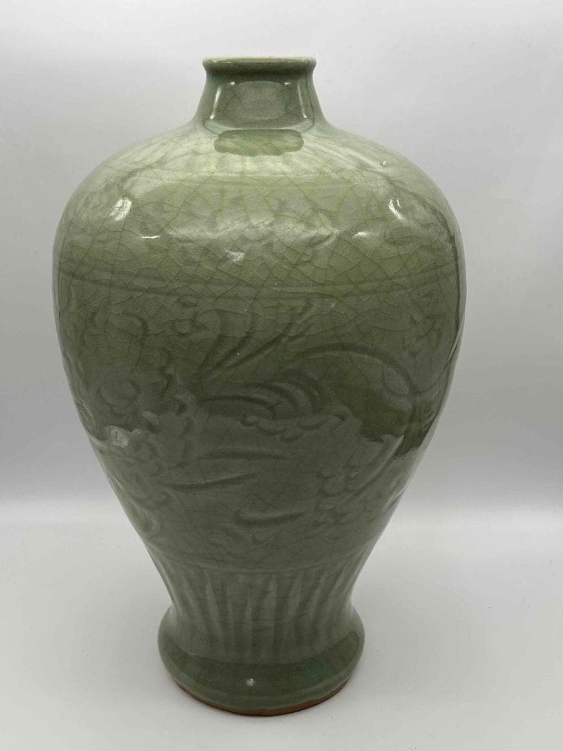 南宋時代　龍泉窯　梅子青 青磁 刻花文大梅瓶 花入　花瓶　茶道具(B-29)