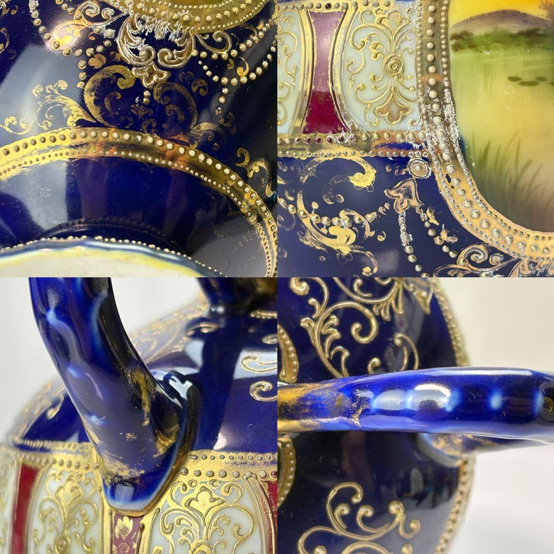 里帰り オールド ノリタケ コバルト 金盛湖畔白鳥図 双耳花瓶 R71123-4