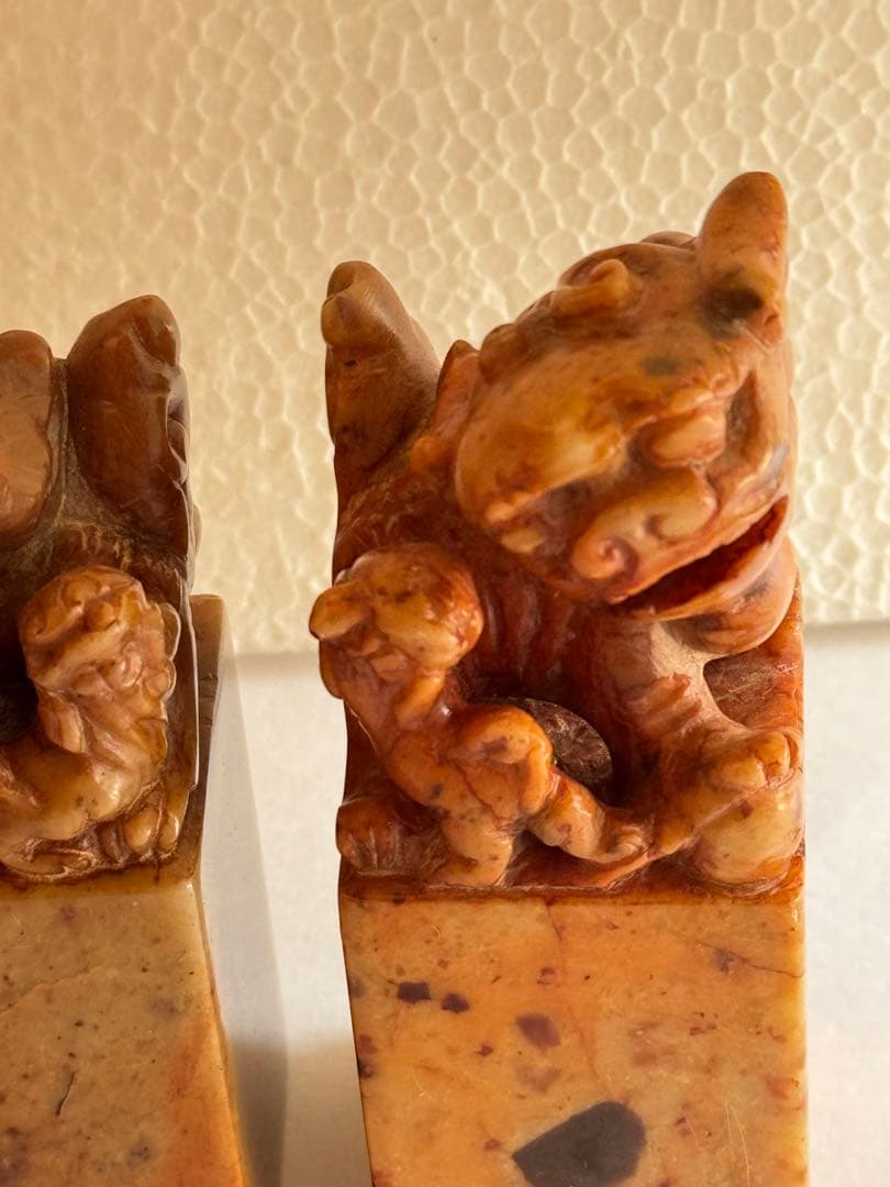 【希少】獅子鈕紅芙蓉橙石印材　印石　印材　中国　2個セット　箱入り