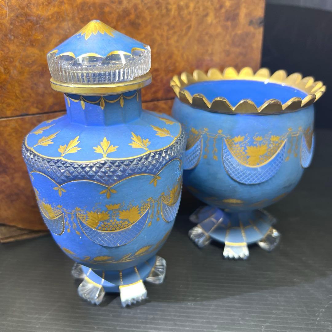 19世紀オールドベネチア　金彩手彫切子デキャンタ、グラスセット　共箱