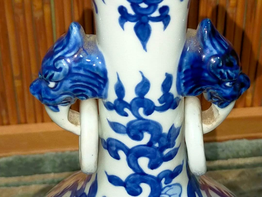 ♥値下げ！♥中国　染付　双耳　花瓶　大明成化年製　龍　鳳凰　骨董　古玩