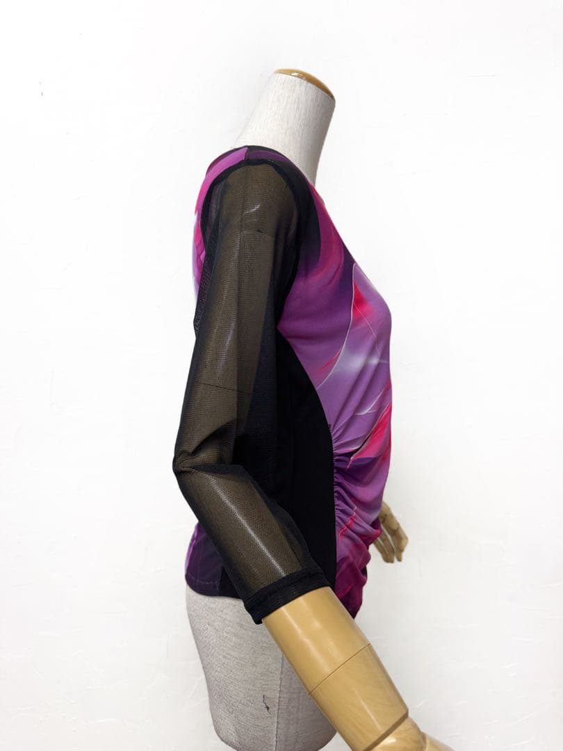 【上級ラインストーン】新品　社交ダンス　黒　ピンクプリントカットソーr300