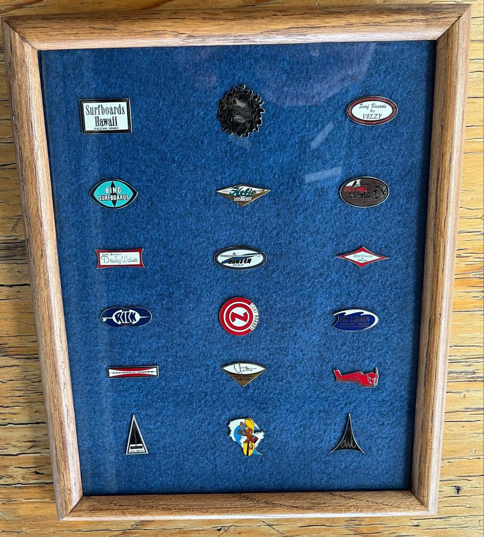 ビンテージサーフボードピンバッジコレクション額装　オールドサーフ ロングボード