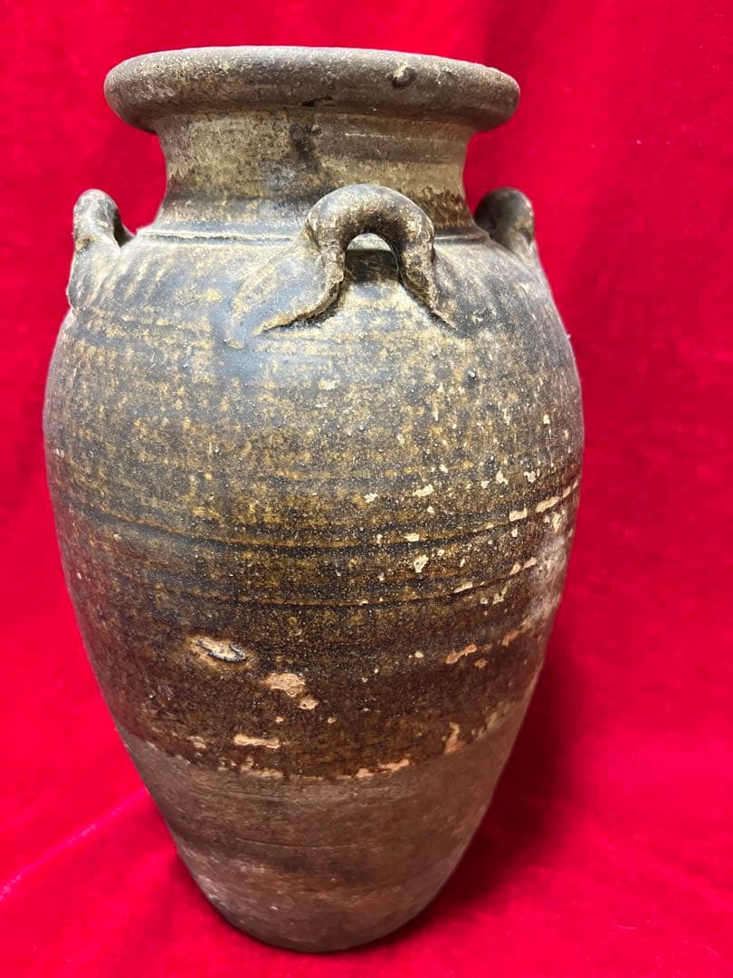 中国明朝青釉 四耳壺陶器 骨董品 時代物 高さ30cmx12cm整理品現状品のみ