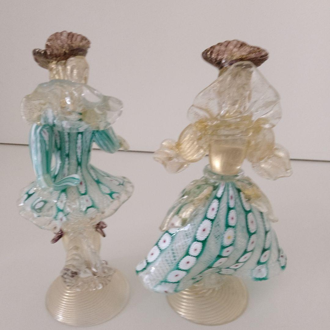 ベネチアングラス 花模様 ガラス製 女性フィギュア 2体セット