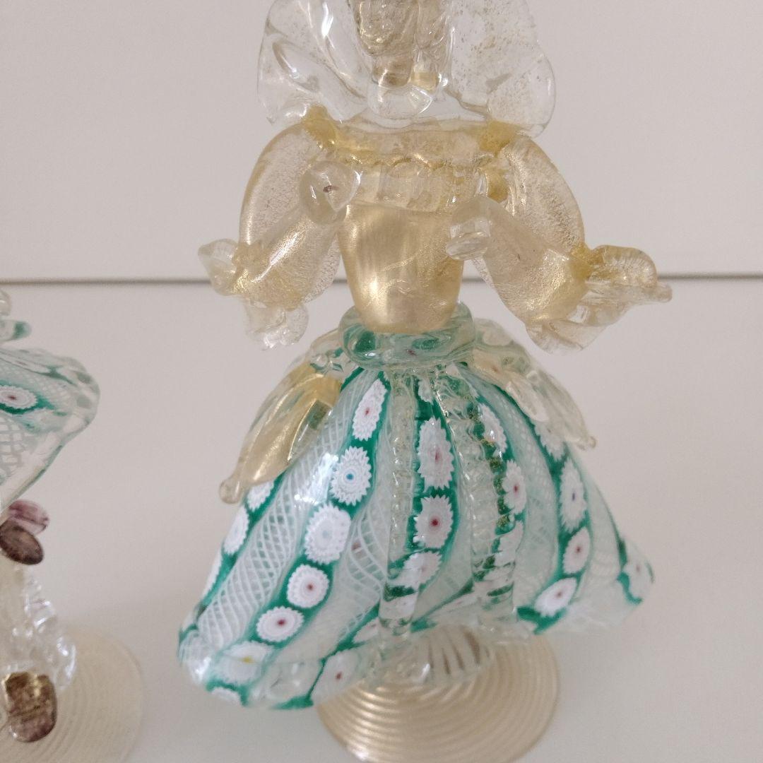 ベネチアングラス 花模様 ガラス製 女性フィギュア 2体セット
