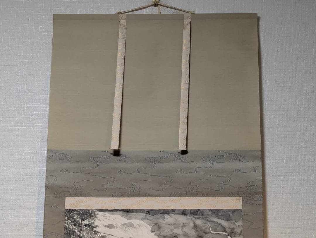 【真作】掛軸　大政穂積　岩間を落つる滝　墨一色の重厚な山水画　合箱入　T47
