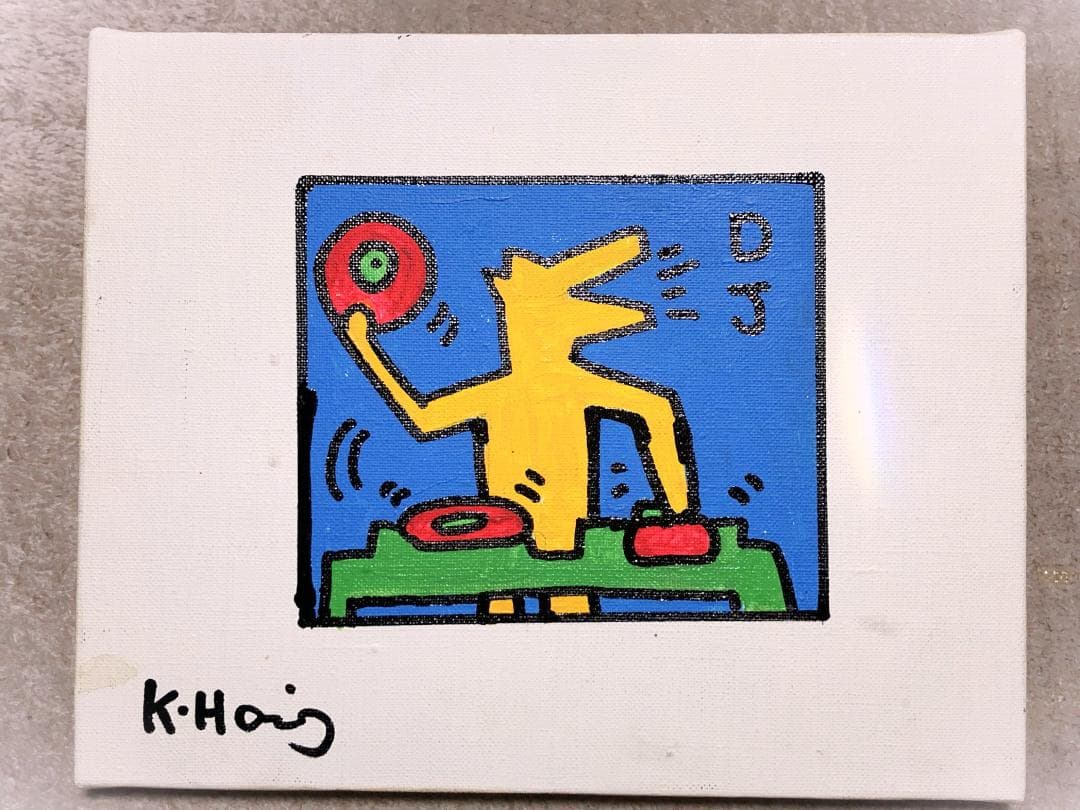 【 キース・へリング『ＤＪ』】　肉筆油彩　キャンバスF3　額装