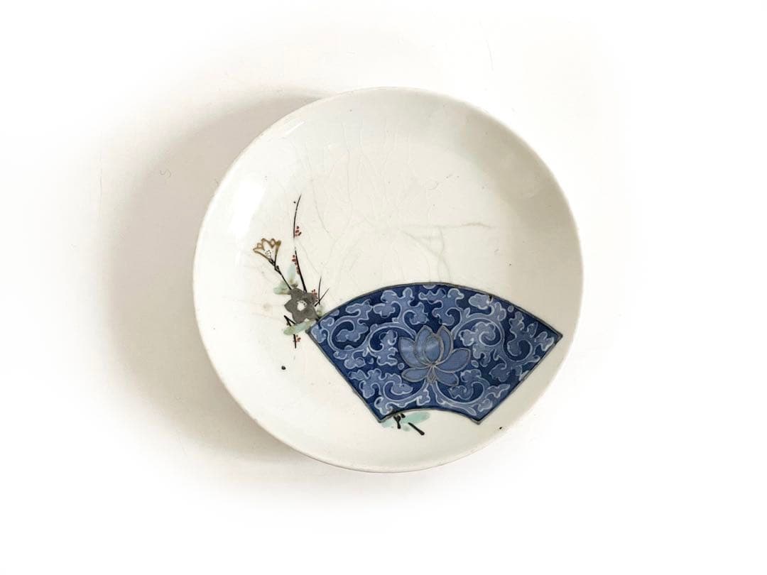 骨董　アンティーク　藍九谷　古九谷金銀彩　蛸唐草扇文　丸皿　五寸皿
