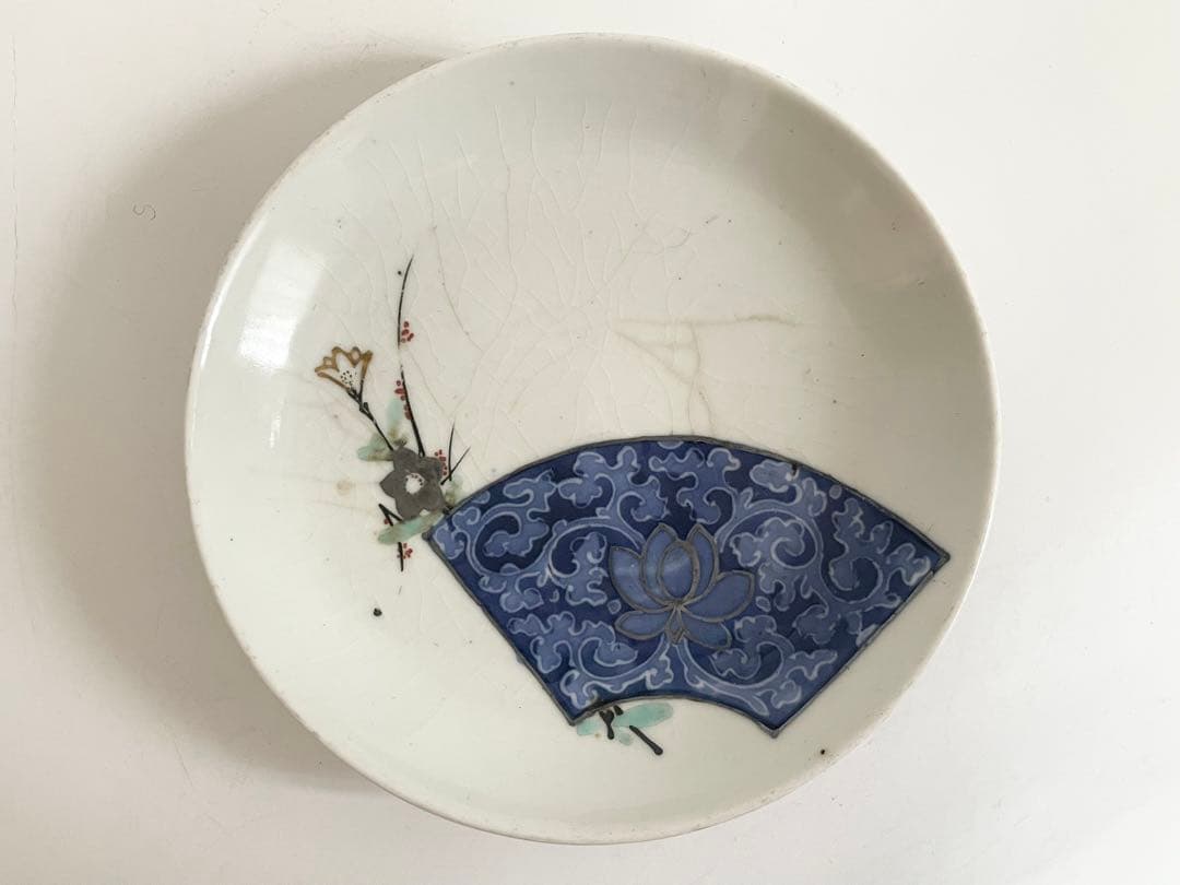 骨董　アンティーク　藍九谷　古九谷金銀彩　蛸唐草扇文　丸皿　五寸皿