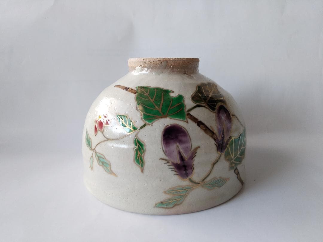 京焼 平安 巌窯 山川敦司 作 粉引 茄子 茶碗 共箱 共布 栞 抹茶碗 新品