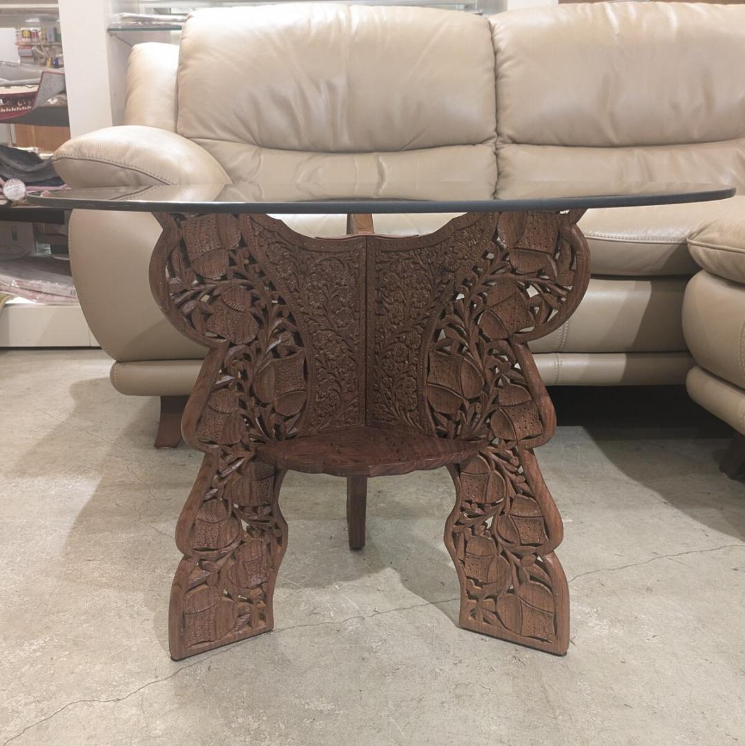 専用ページ 木彫りガラス テーブル 彫刻 天板ガラス 丸テーブル サイドテーブル