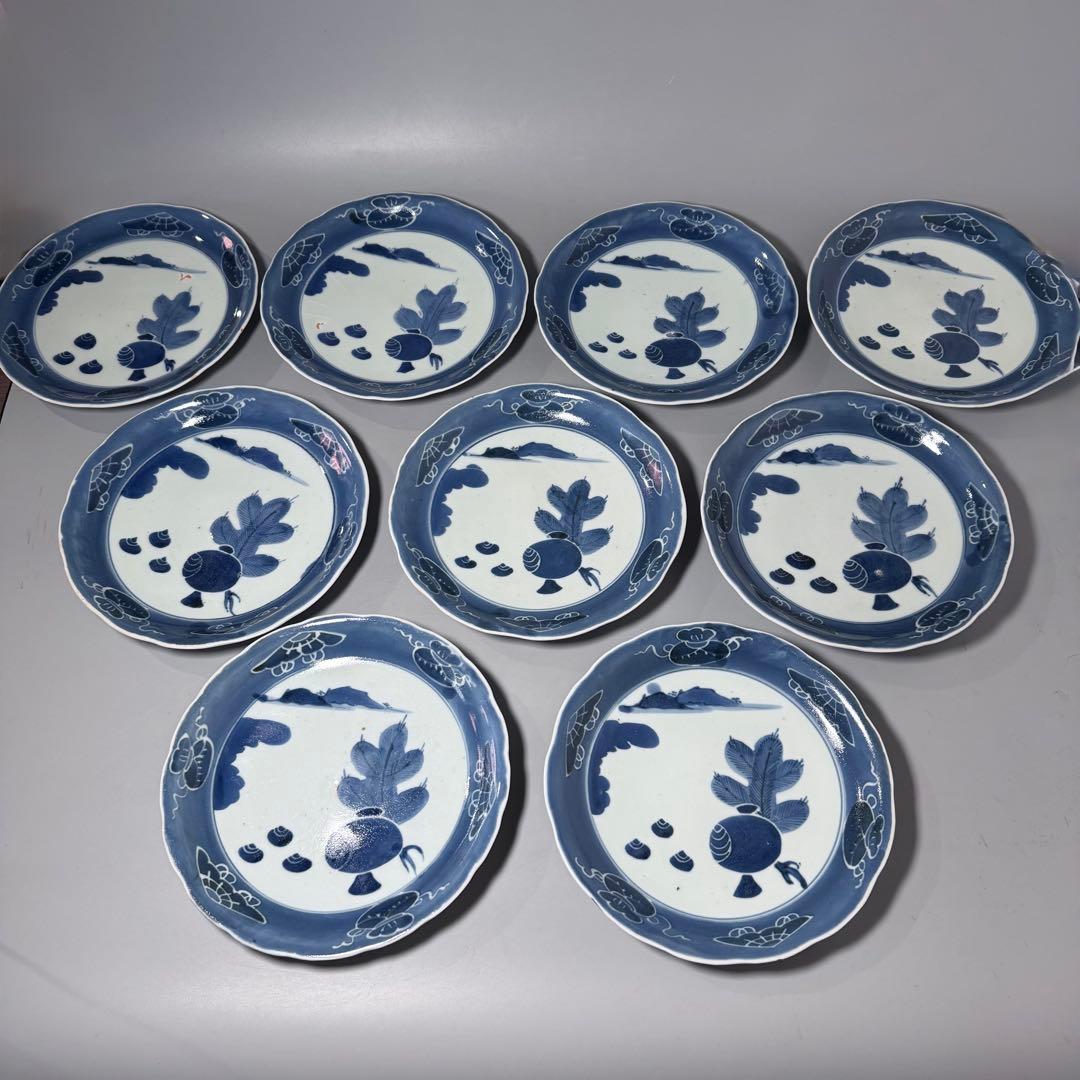 古伊万里　染付　墨弾き　小槌宝珠文　七寸皿　9枚　古陶を楽しむ　古美術