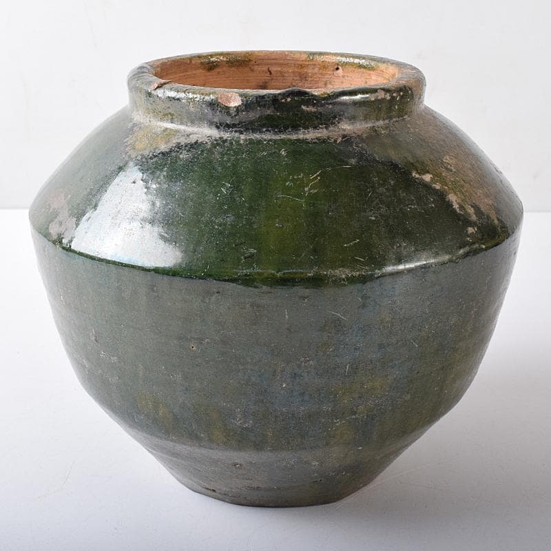 中国　漢時代　紅陶　緑釉壷　銀化壷　時代箱付　V　R8299B