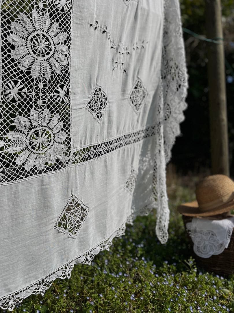 ◆フランスアンティークお宝級白天使の手刺繍超大判テーブルクロス大きいベッドカバー