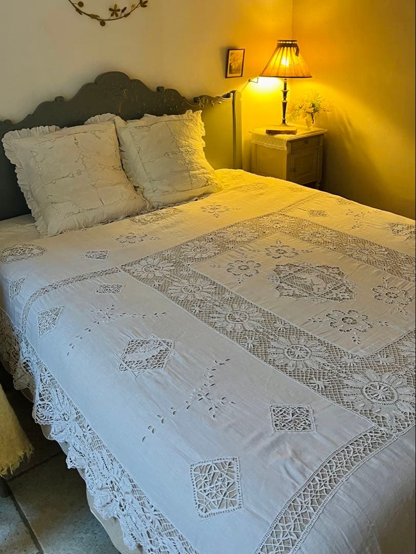 ◆フランスアンティークお宝級白天使の手刺繍超大判テーブルクロス大きいベッドカバー