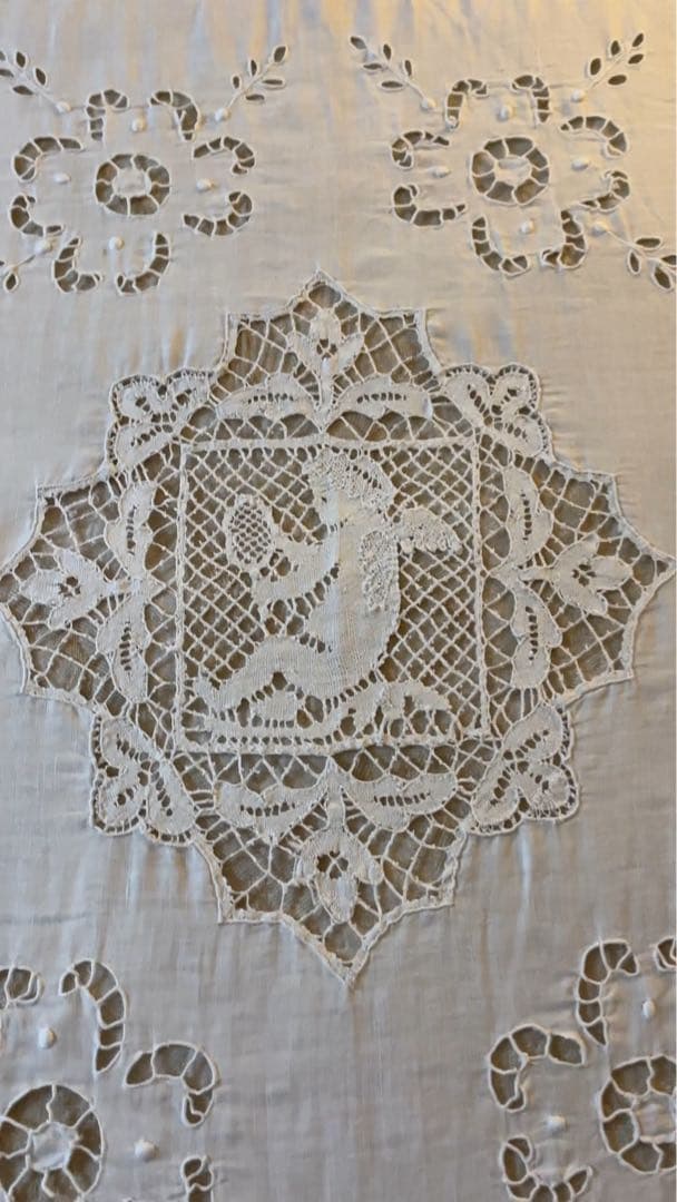 ◆フランスアンティークお宝級白天使の手刺繍超大判テーブルクロス大きいベッドカバー