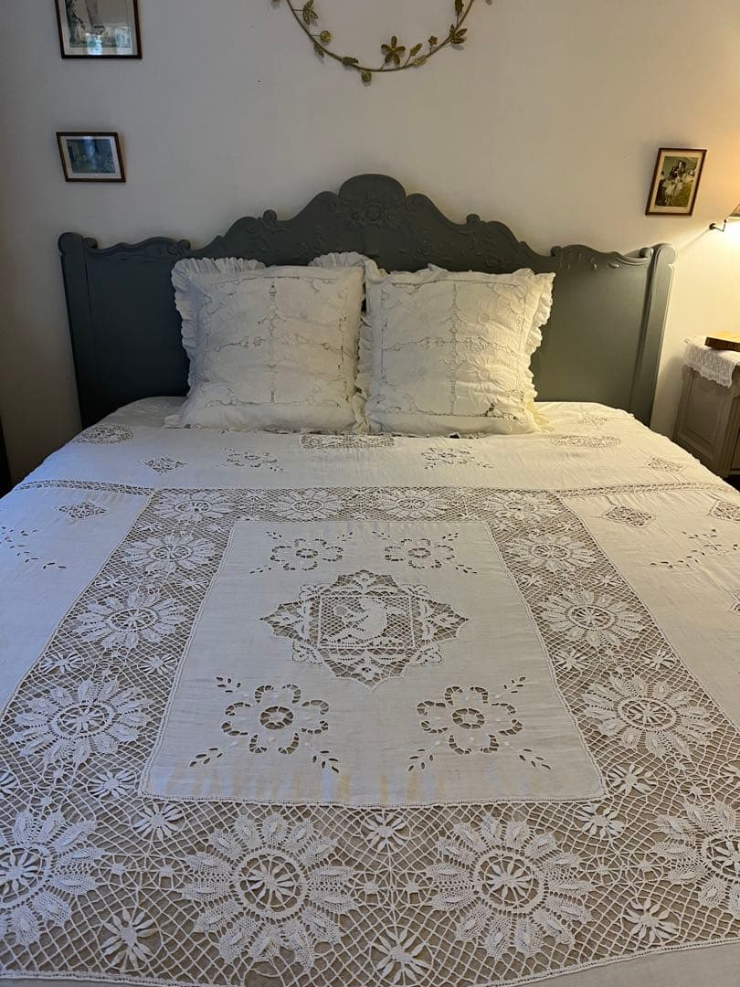 ◆フランスアンティークお宝級白天使の手刺繍超大判テーブルクロス大きいベッドカバー